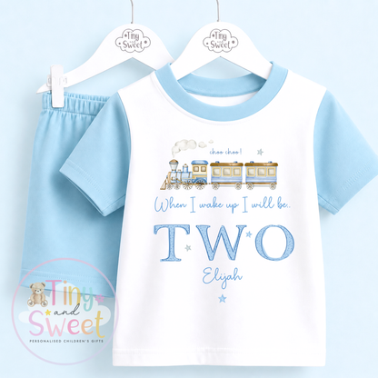 Blue Train Personalised Short &amp; T Shirt Pyjama Set (Any Age)