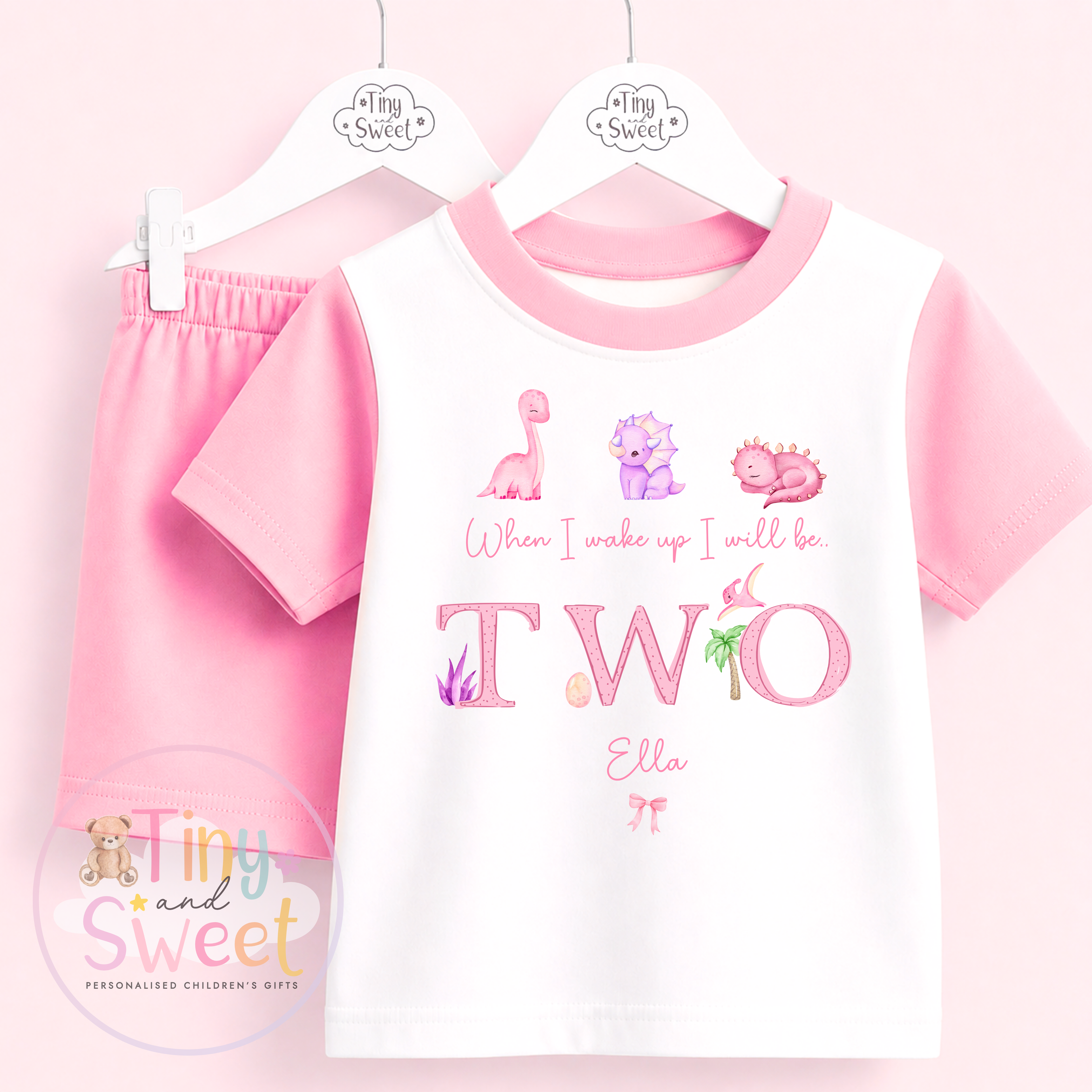 Pink Dinosaur Personalised Short &amp; T Shirt Pyjama Set (Any Age)