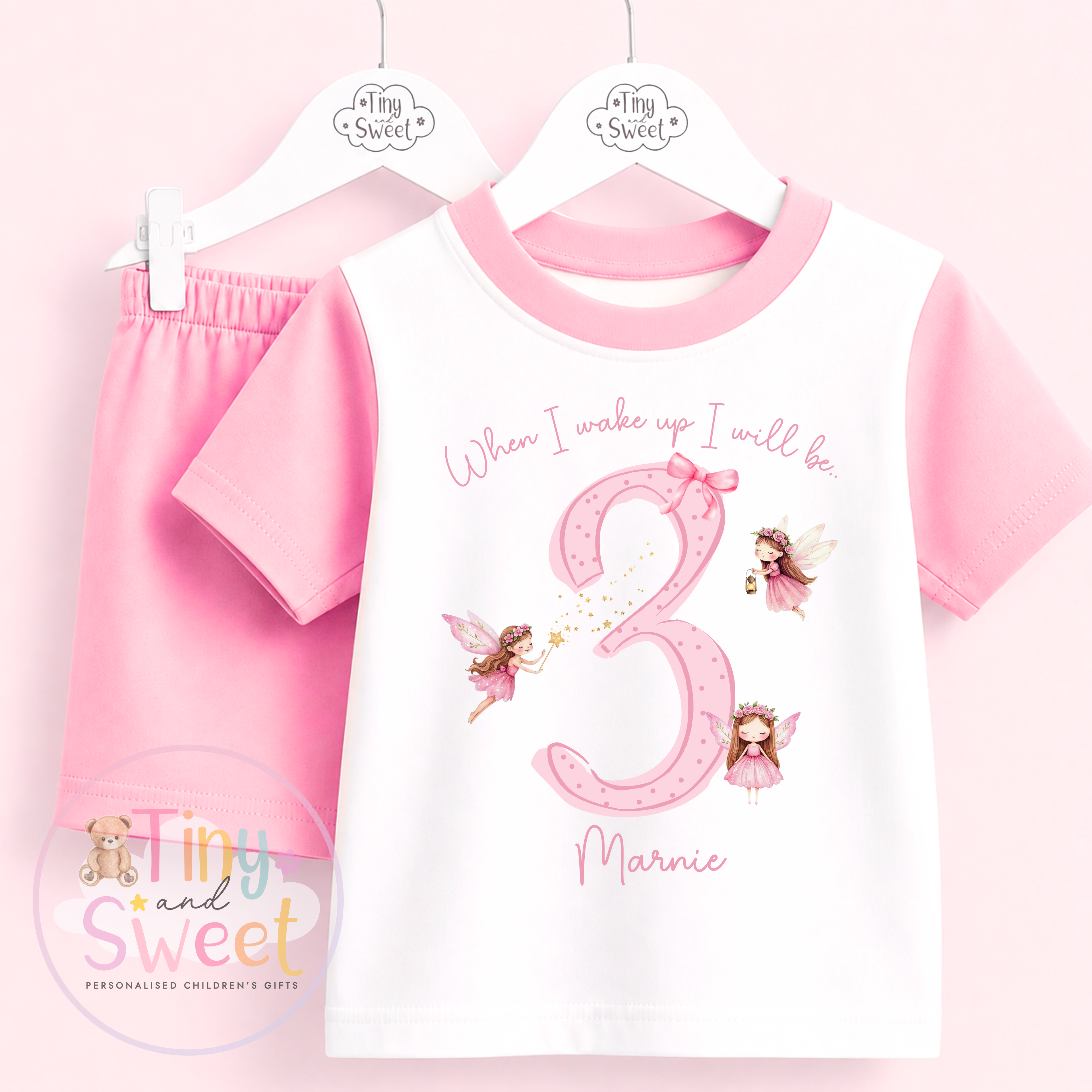 Pink Fairy Personalised Short &amp; T Shirt Pyjama Set (Any Age)