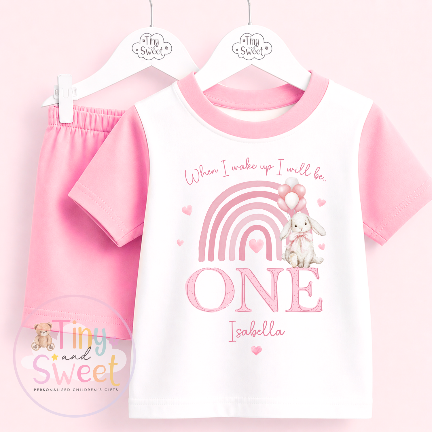 Pink Bunny Rainbow Personalised Short &amp; T Shirt Pyjama Set (Any Age)