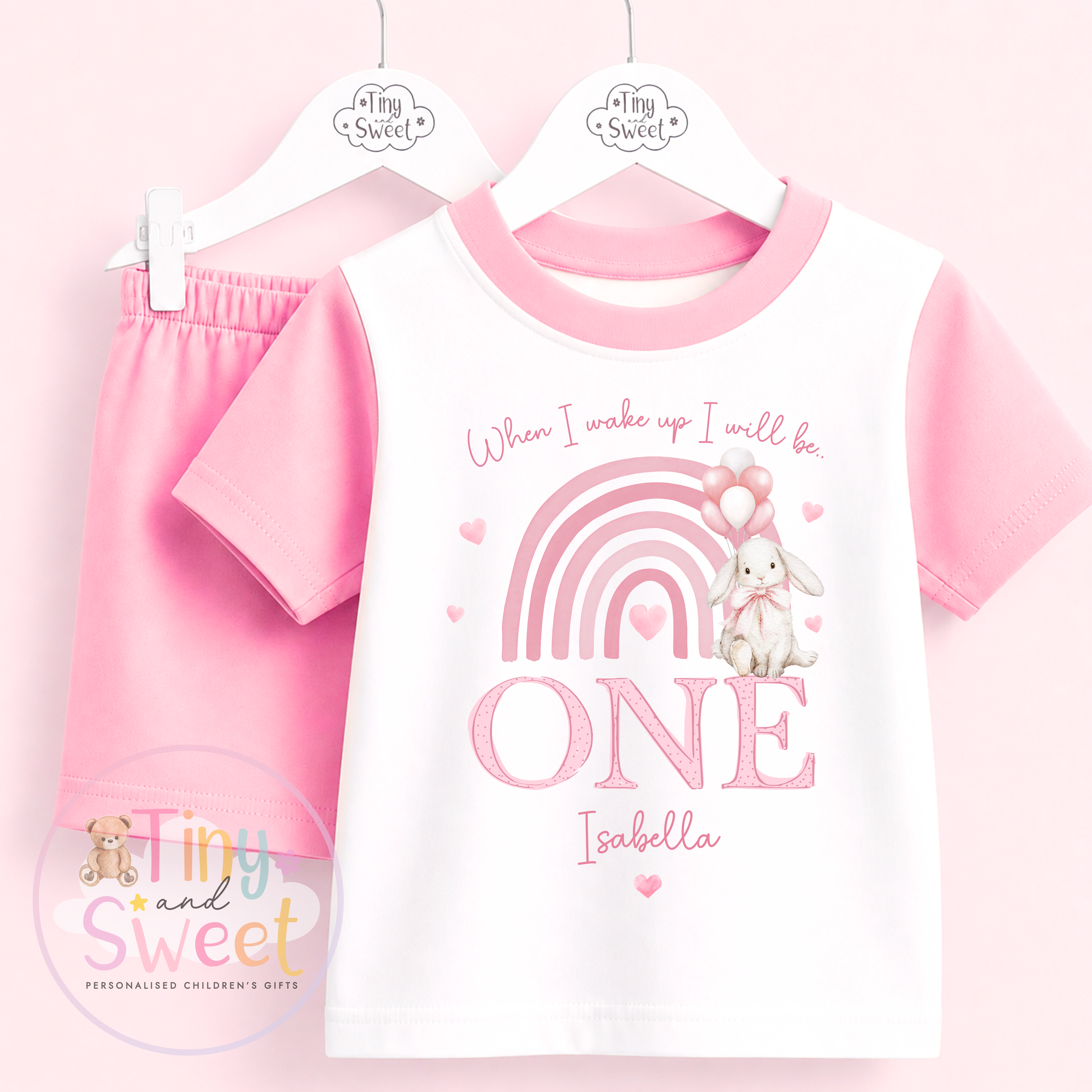 Pink Bunny Rainbow Personalised Short &amp; T Shirt Pyjama Set (Any Age)
