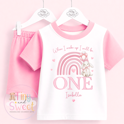 Pink Bunny Rainbow Personalised Short &amp; T Shirt Pyjama Set (Any Age)