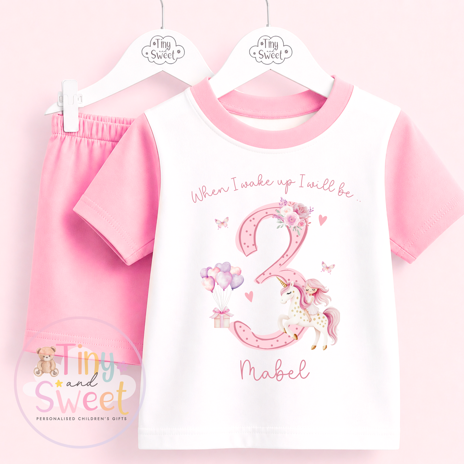 Pink Unicorn Personalised Short &amp; T Shirt Pyjama Set (Any Age)