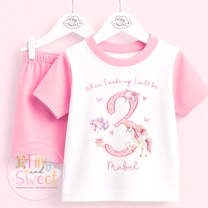 Pink Unicorn Personalised Short &amp; T Shirt Pyjama Set (Any Age)