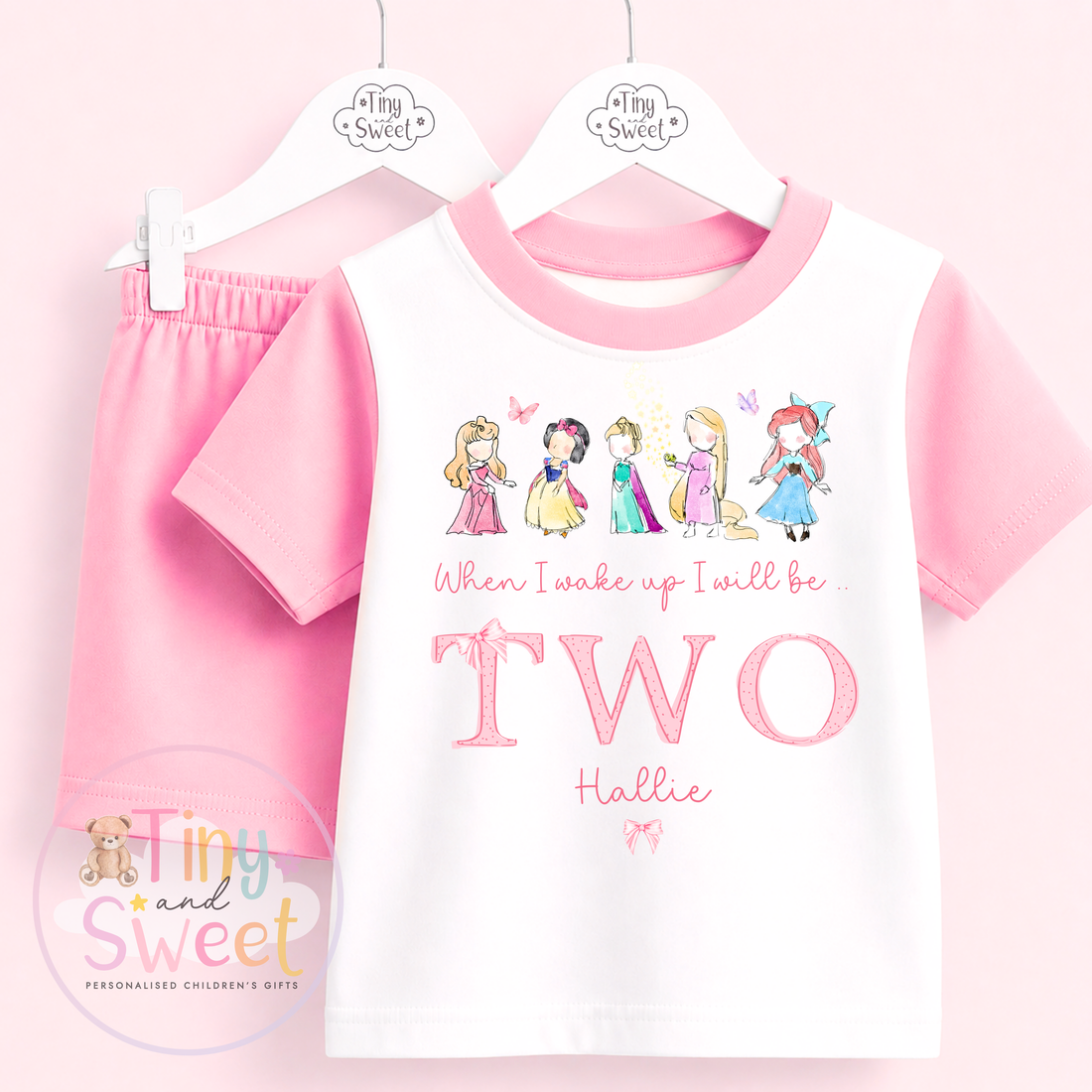 Pink Princess Friends Personalised Short &amp; T Shirt Pyjama Set (Any Age)