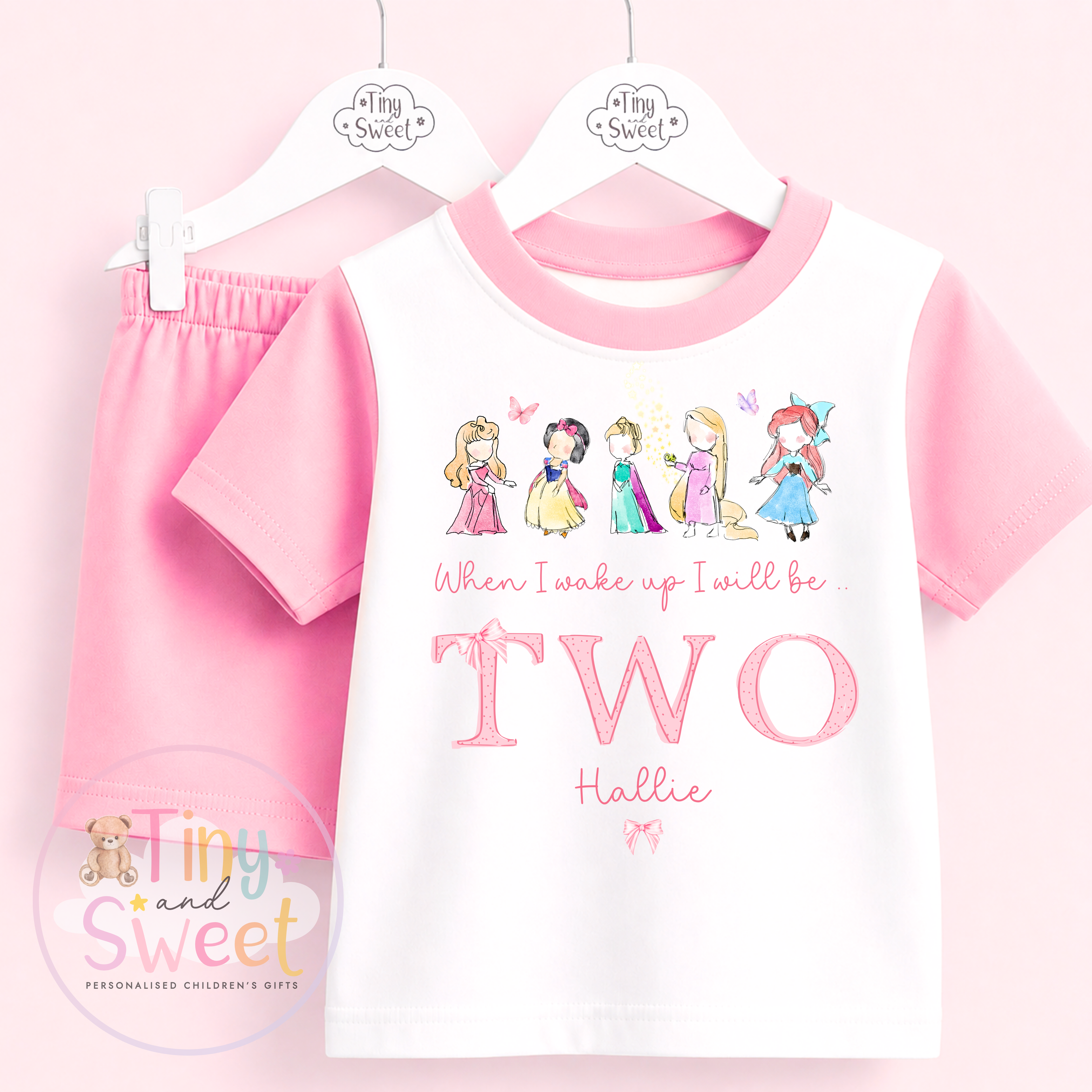 Pink Princess Friends Personalised Short &amp; T Shirt Pyjama Set (Any Age)