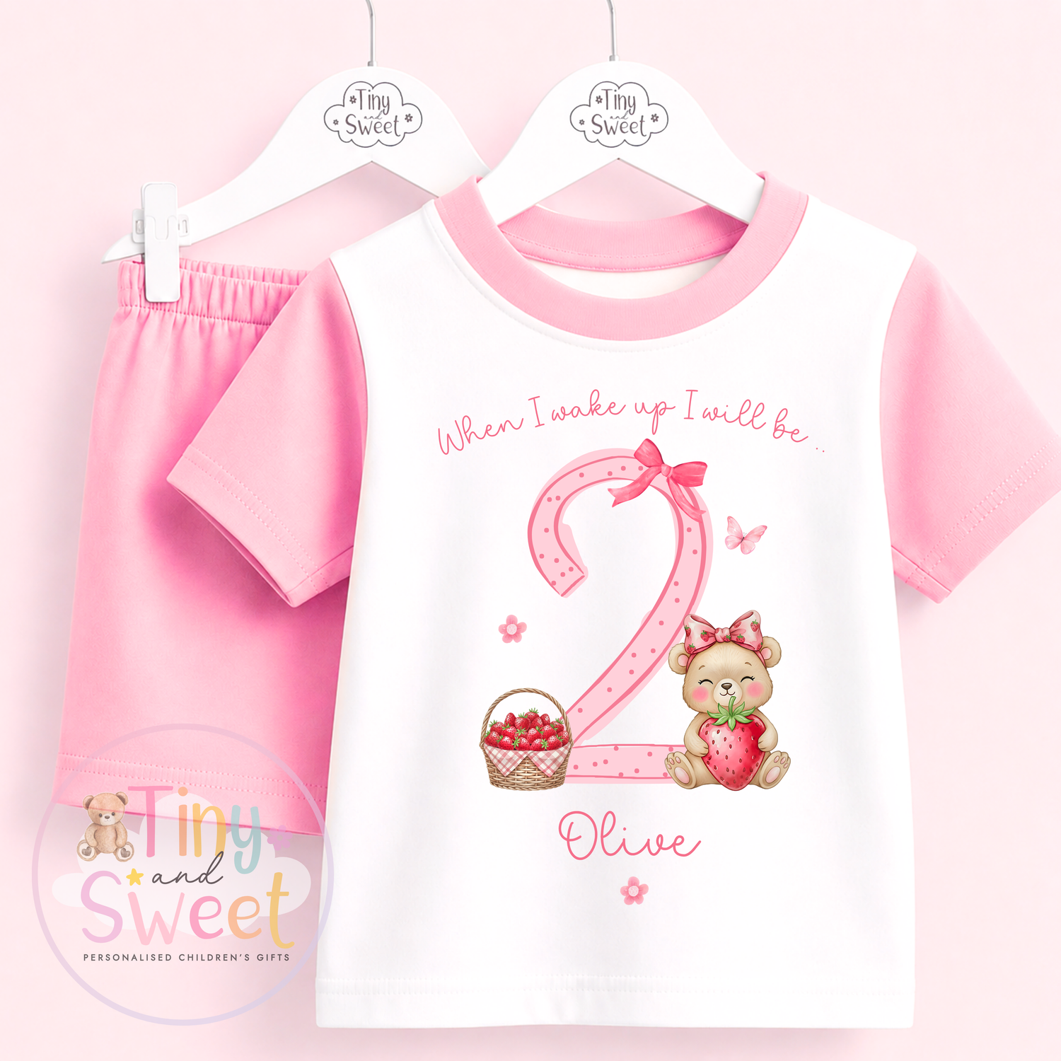 Pink Strawberry Bear Personalised Short &amp; T Shirt Pyjama Set (Any Age)
