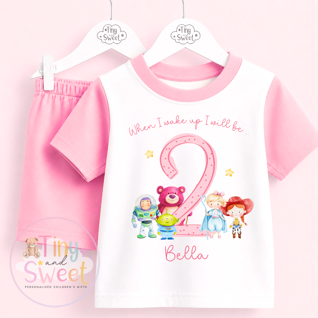 Pink Toy Friends Personalised Short &amp; T Shirt Pyjama Set (Any Age)