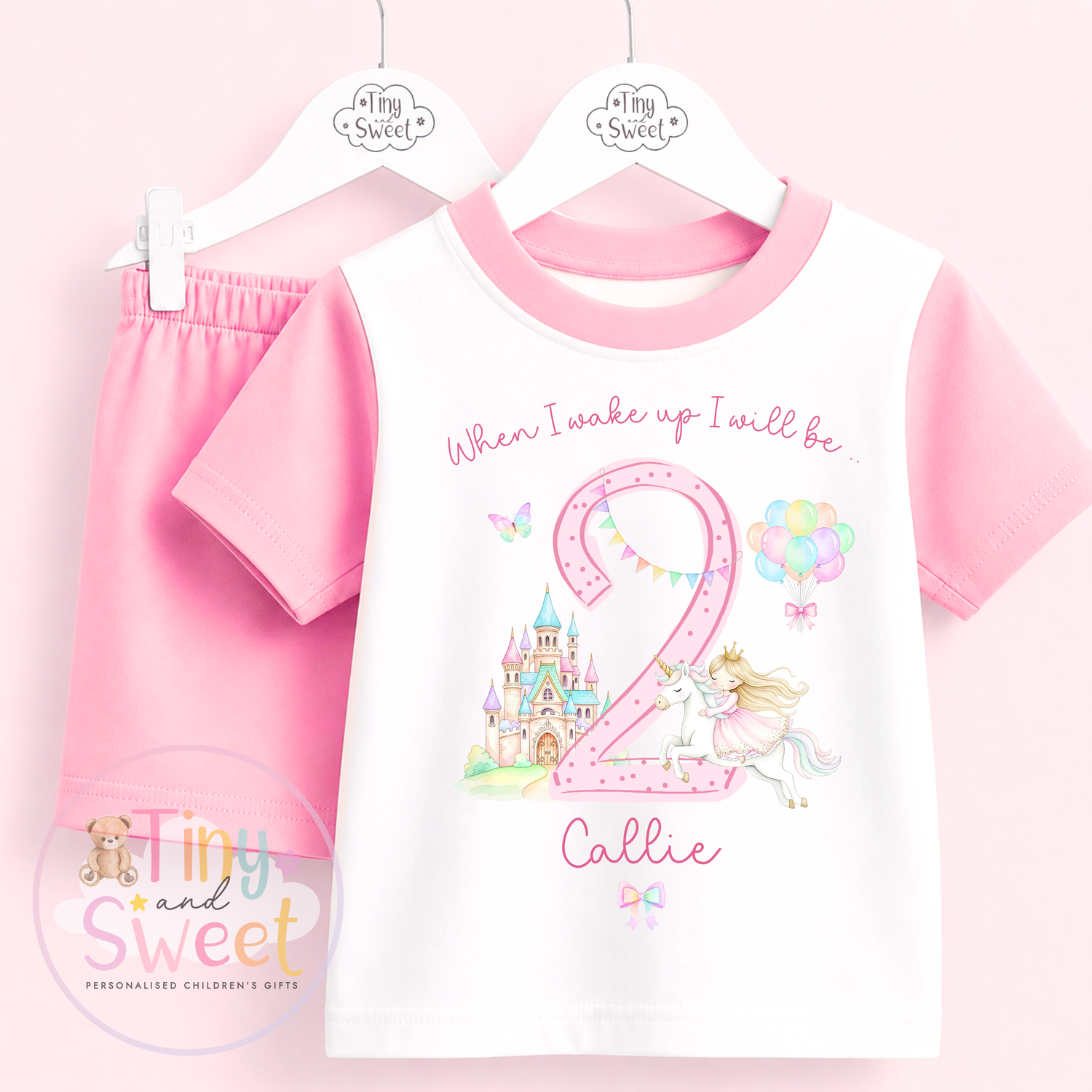 Pink Rainbow Princess Personalised Short &amp; T Shirt Pyjama Set (Any Age)