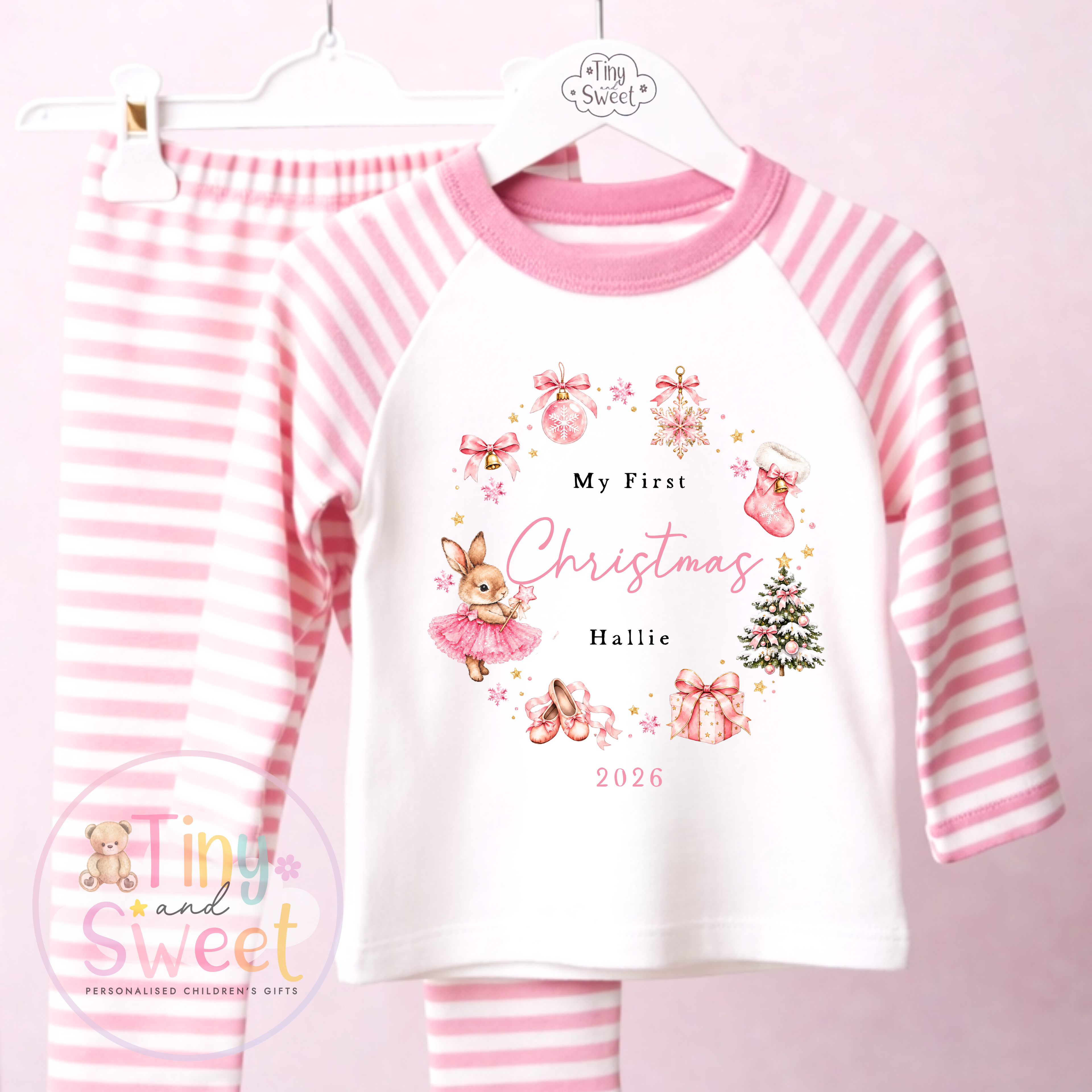 Personalised My First Christmas Bunny Wreath Pink or Blue Pyjamas