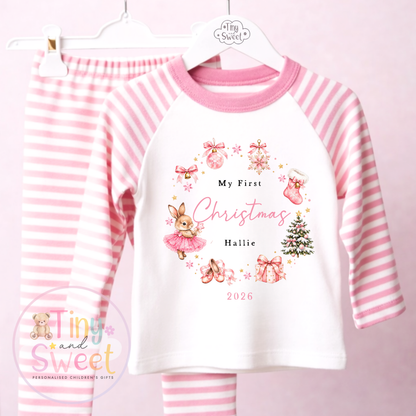 Personalised My First Christmas Bunny Wreath Pink or Blue Pyjamas