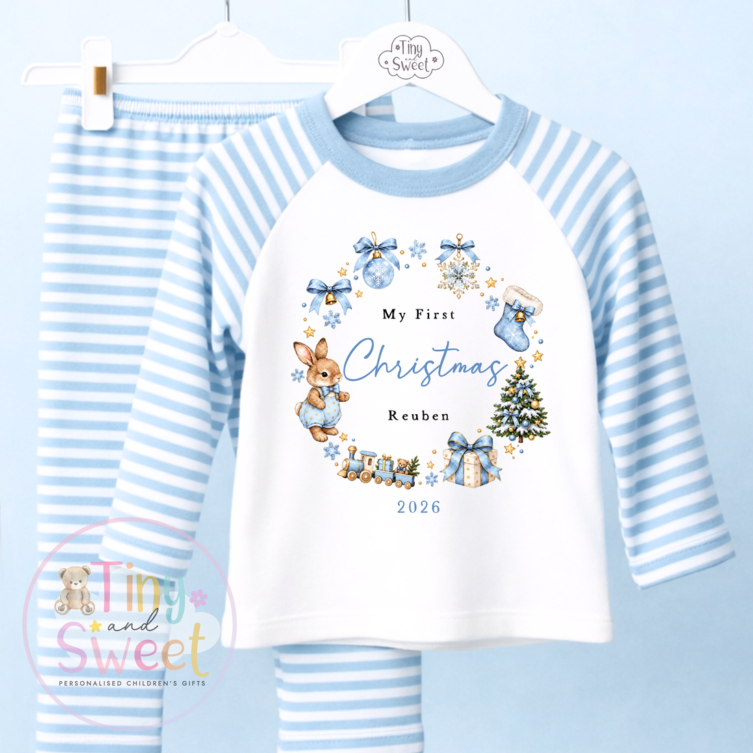 Personalised My First Christmas Bunny Wreath Pink or Blue Pyjamas