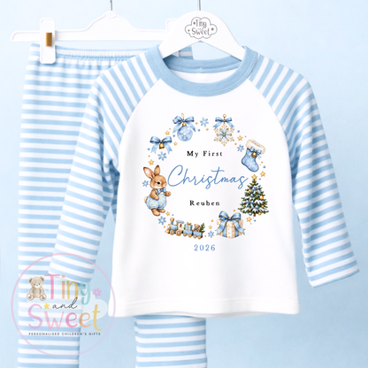 Personalised My First Christmas Bunny Wreath Pink or Blue Pyjamas