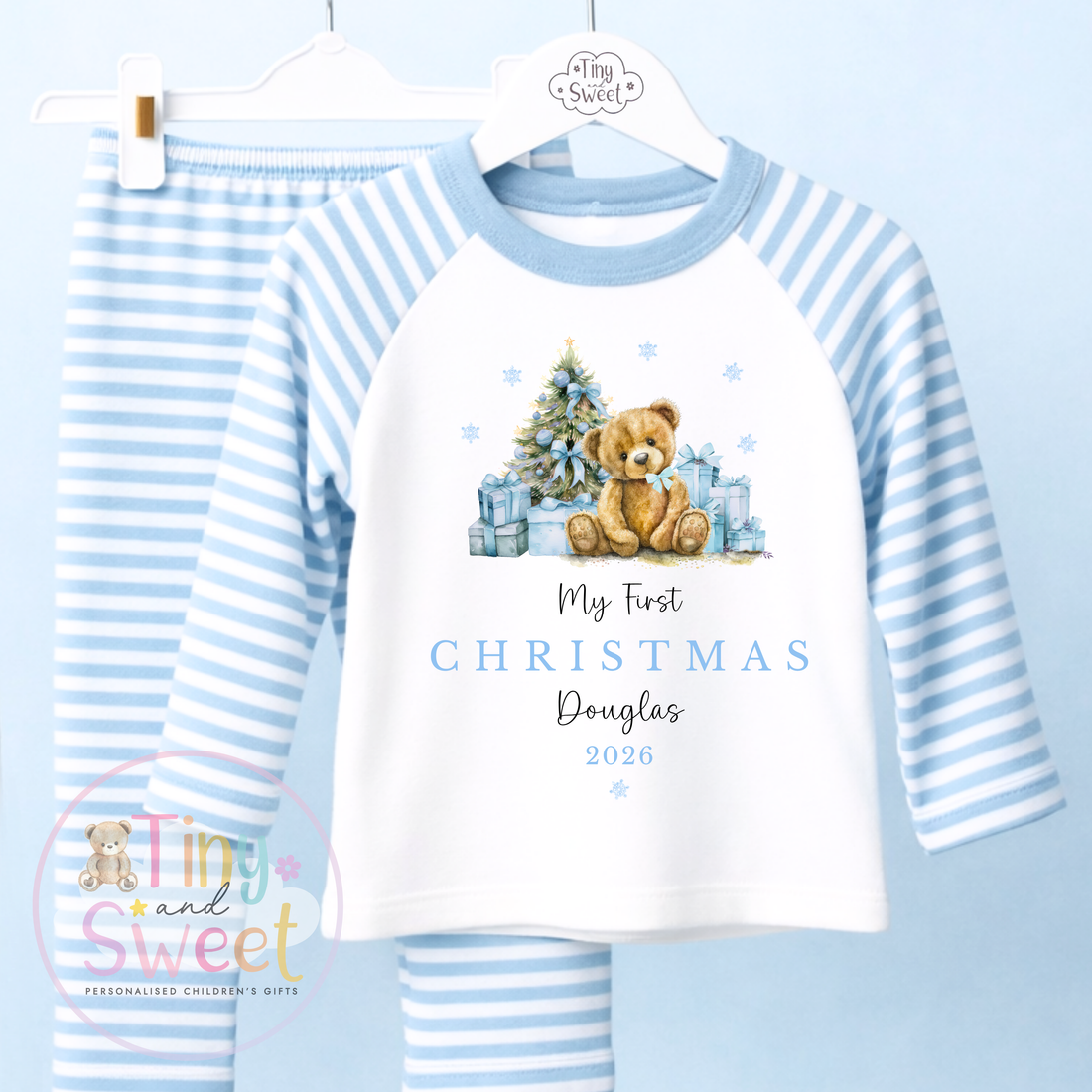 Personalised My First Christmas Teddy Bear Pink or Blue Pyjamas