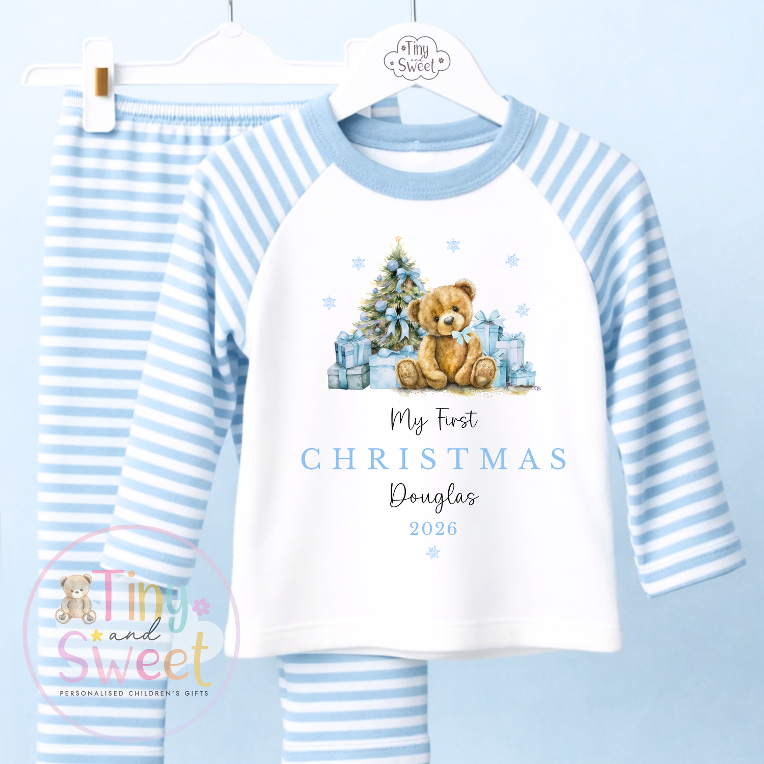Personalised My First Christmas Teddy Bear Pink or Blue Pyjamas