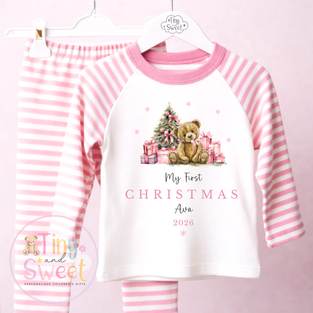 Personalised My First Christmas Teddy Bear Pink or Blue Pyjamas