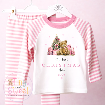 Personalised My First Christmas Teddy Bear Pink or Blue Pyjamas