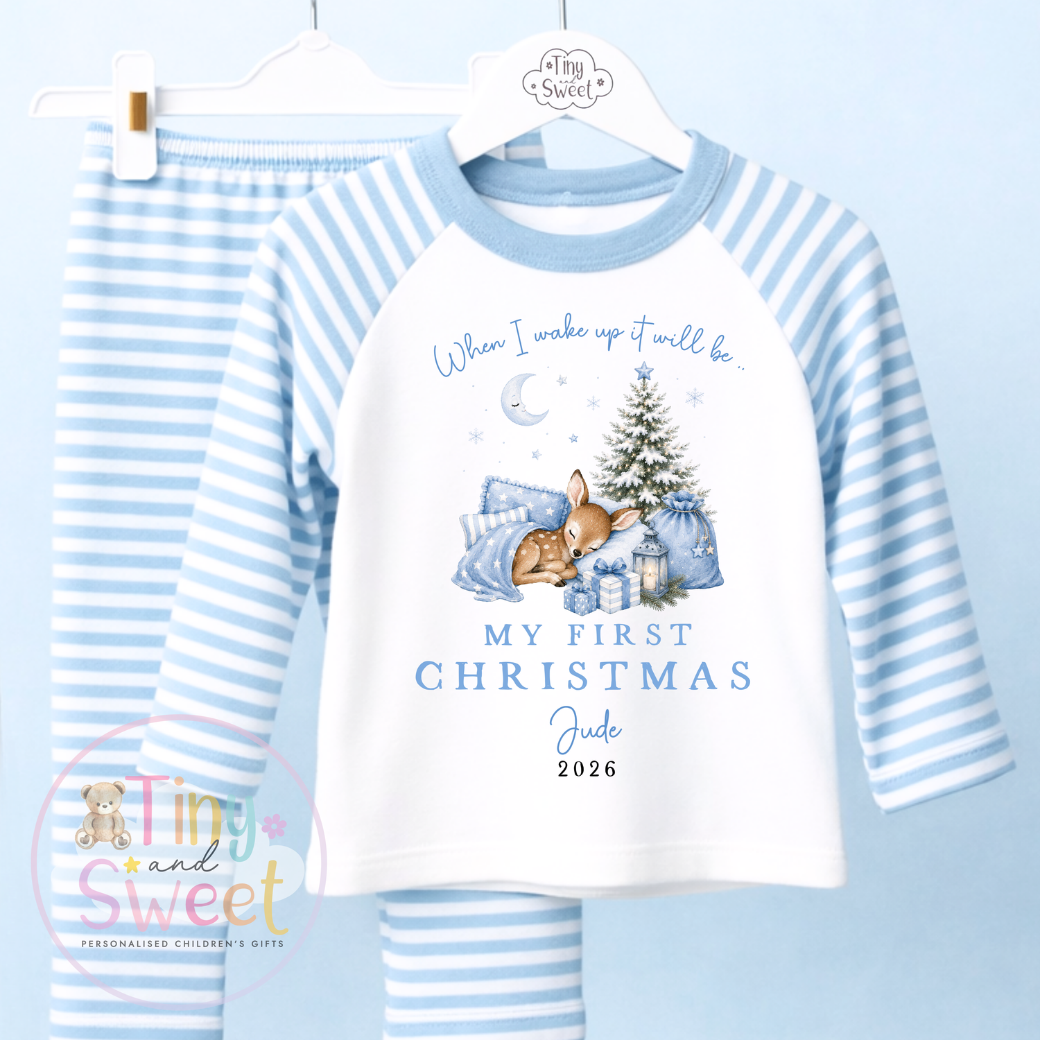 Personalised Sleeping Deer Christmas Pink or Blue Pyjamas