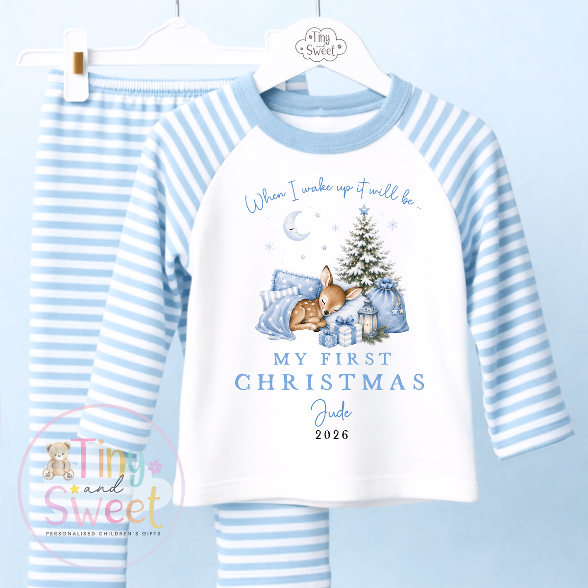 Personalised Sleeping Deer Christmas Pink or Blue Pyjamas