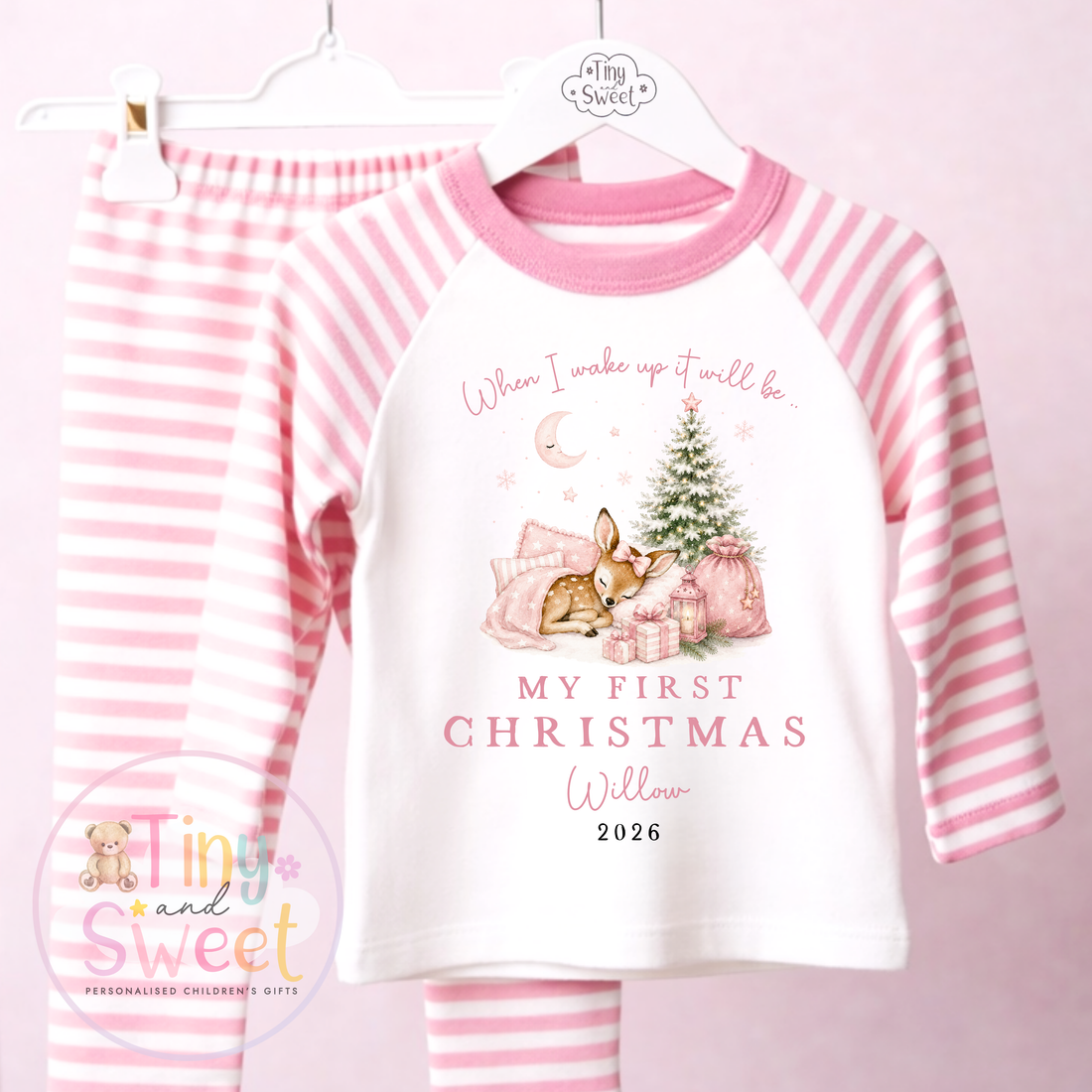 Personalised Sleeping Deer Christmas Pink or Blue Pyjamas