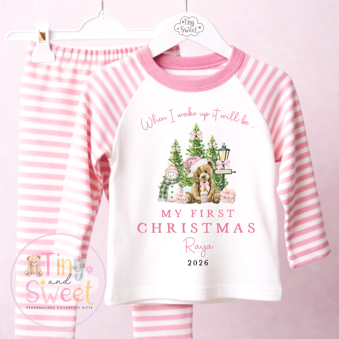 Personalised When I Wake Up First Christmas Teddy Bear Pink or Blue Pyjamas