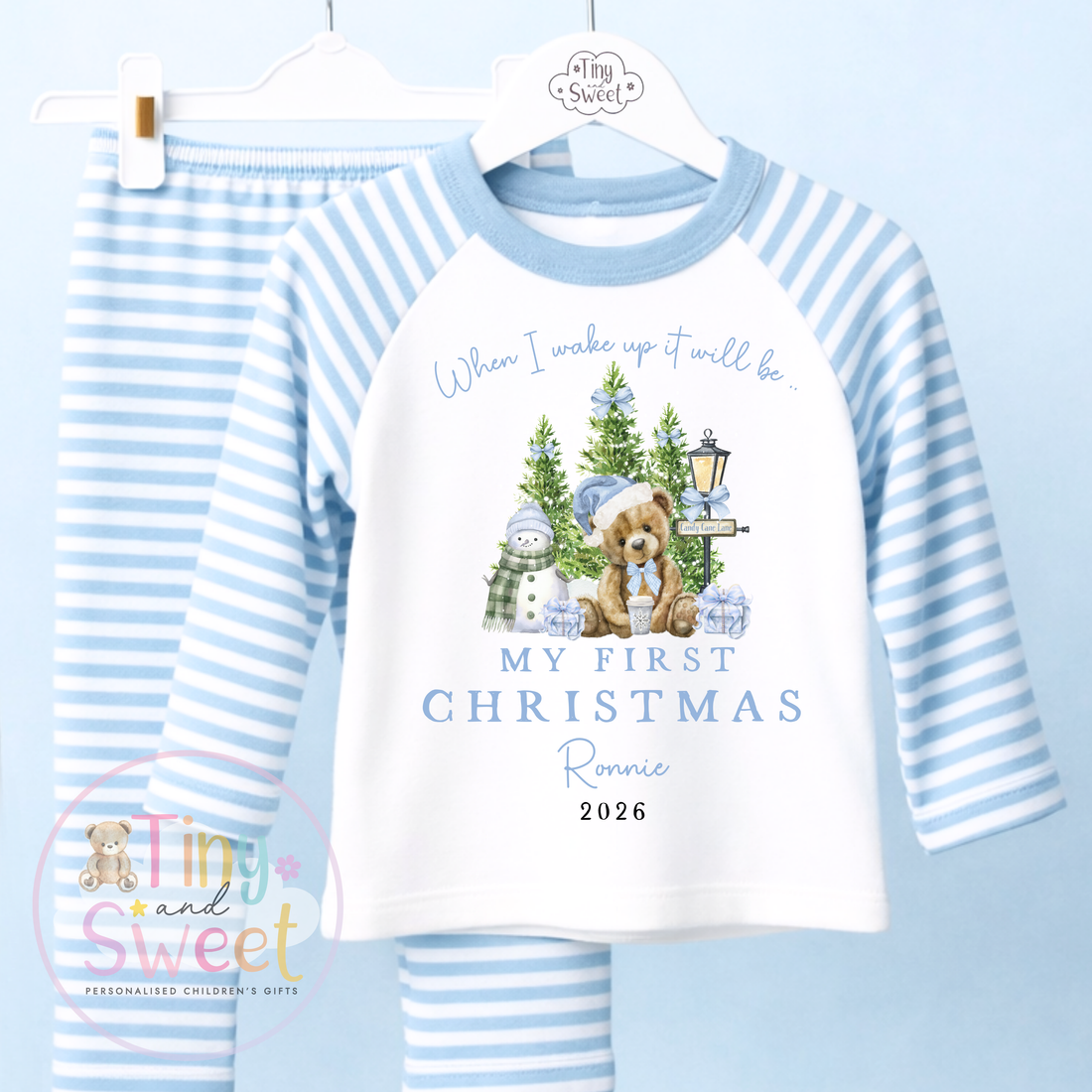 Personalised When I Wake Up First Christmas Teddy Bear Pink or Blue Pyjamas
