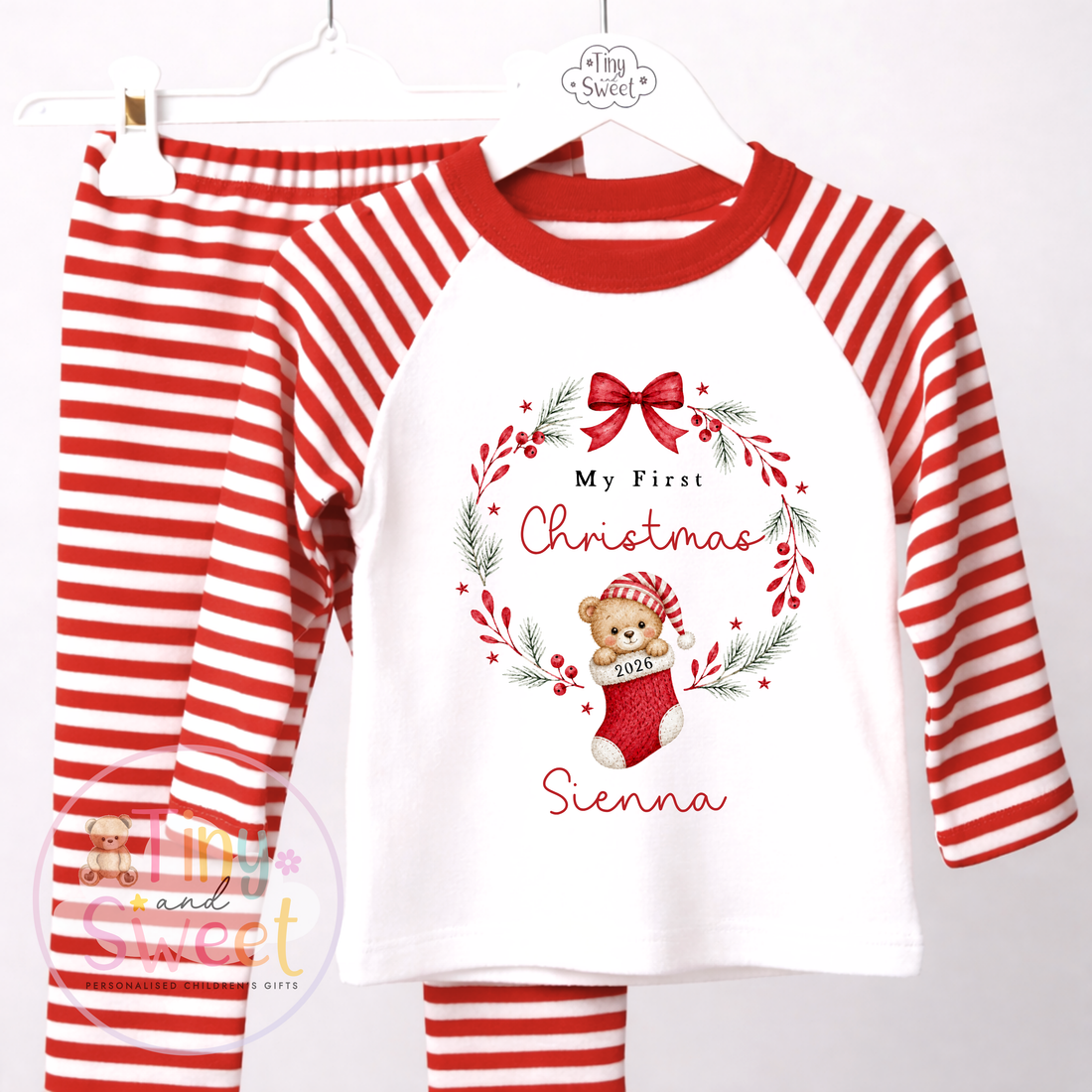 Personalised Teddy In Stocking Christmas Red Pyjamas