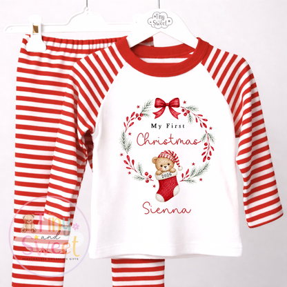 Personalised Teddy In Stocking Christmas Red Pyjamas