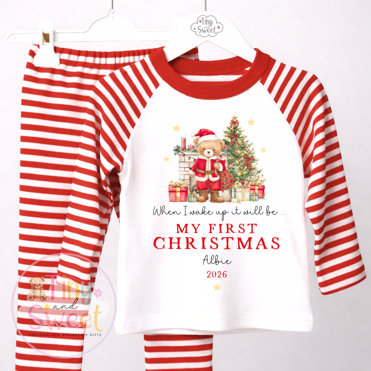 Personalised When I Wake Up First Christmas Santa Teddy Red Pyjamas
