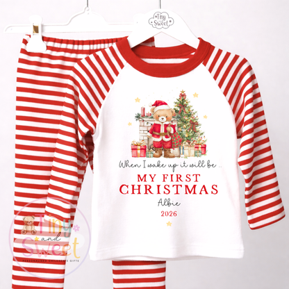 Personalised When I Wake Up First Christmas Santa Teddy Red Pyjamas