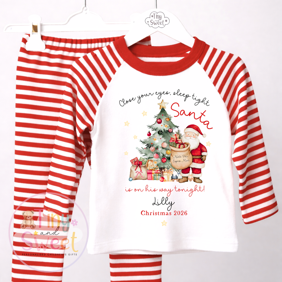 Personalised Close Your Eyes, Sleep Tight Christmas Red Pyjamas