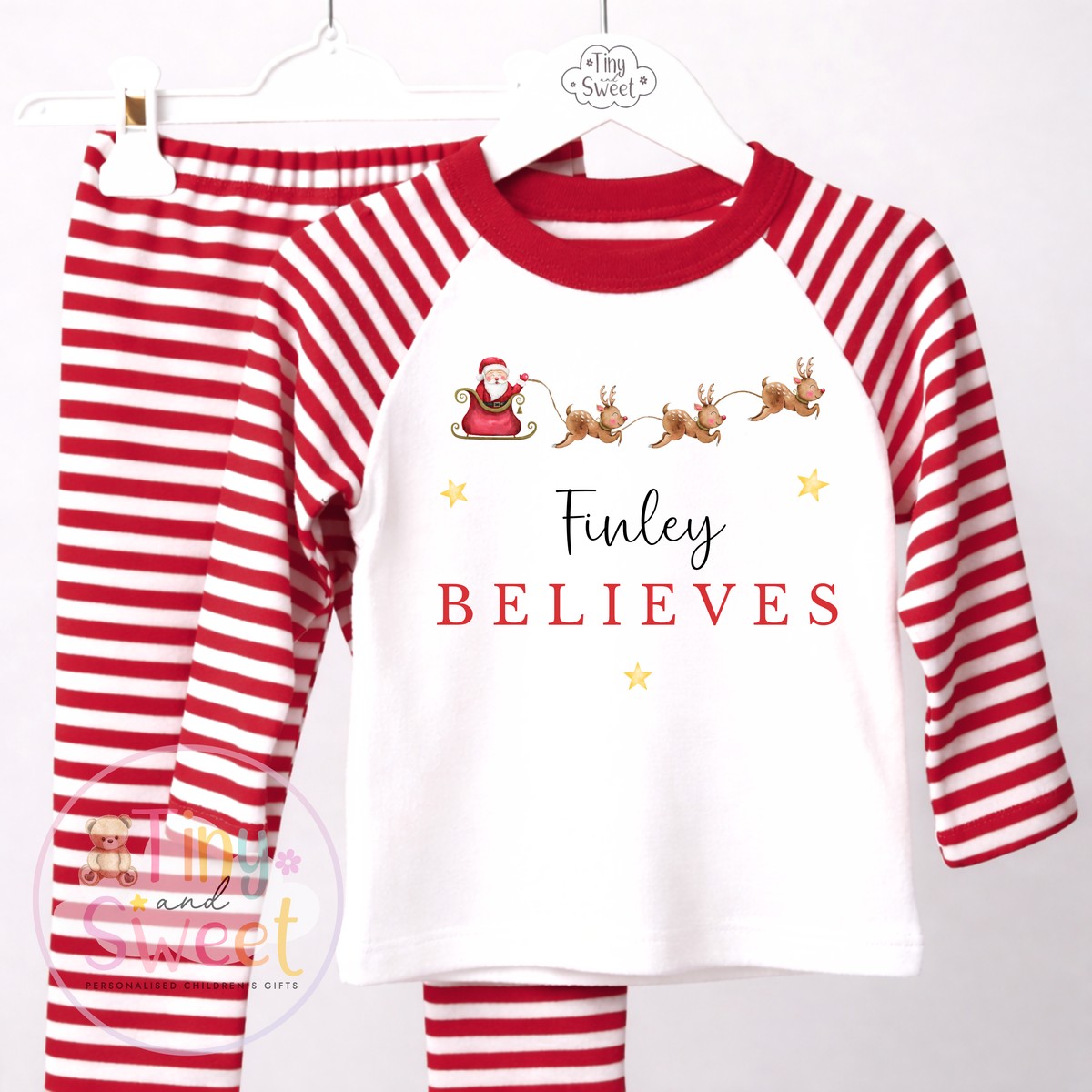 Personalised I Believe Santa Sleigh Christmas Red Pyjamas