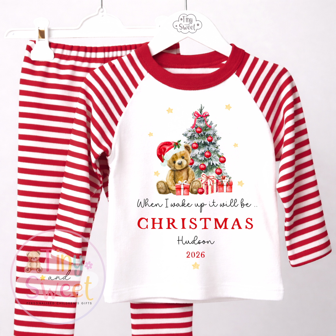 Personalised When I Wake Up Teddy &amp; Tree Red Pyjamas