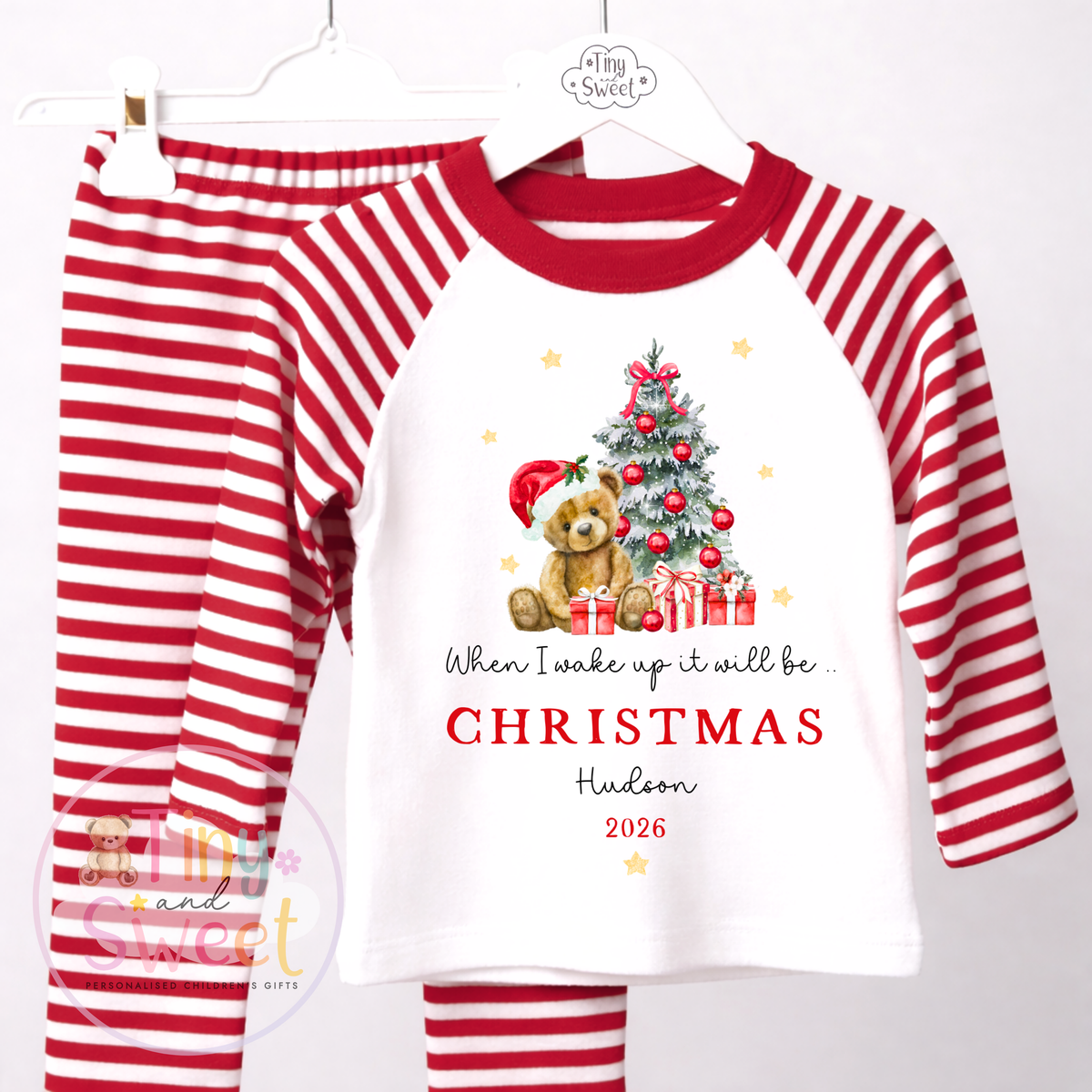 Personalised When I Wake Up Teddy &amp; Tree Red Pyjamas