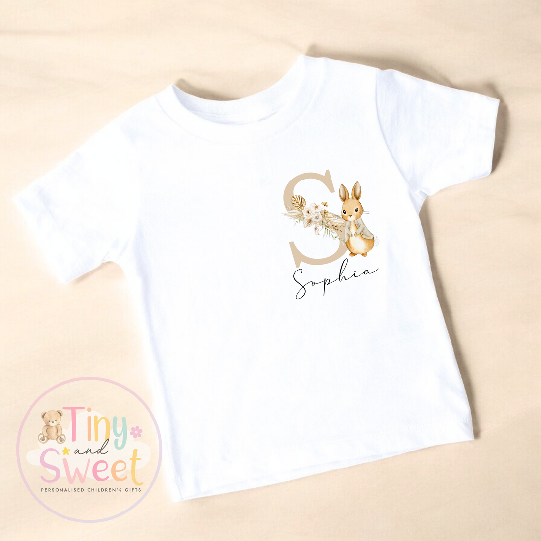Beige Personalised Bunny Initial T Shirt