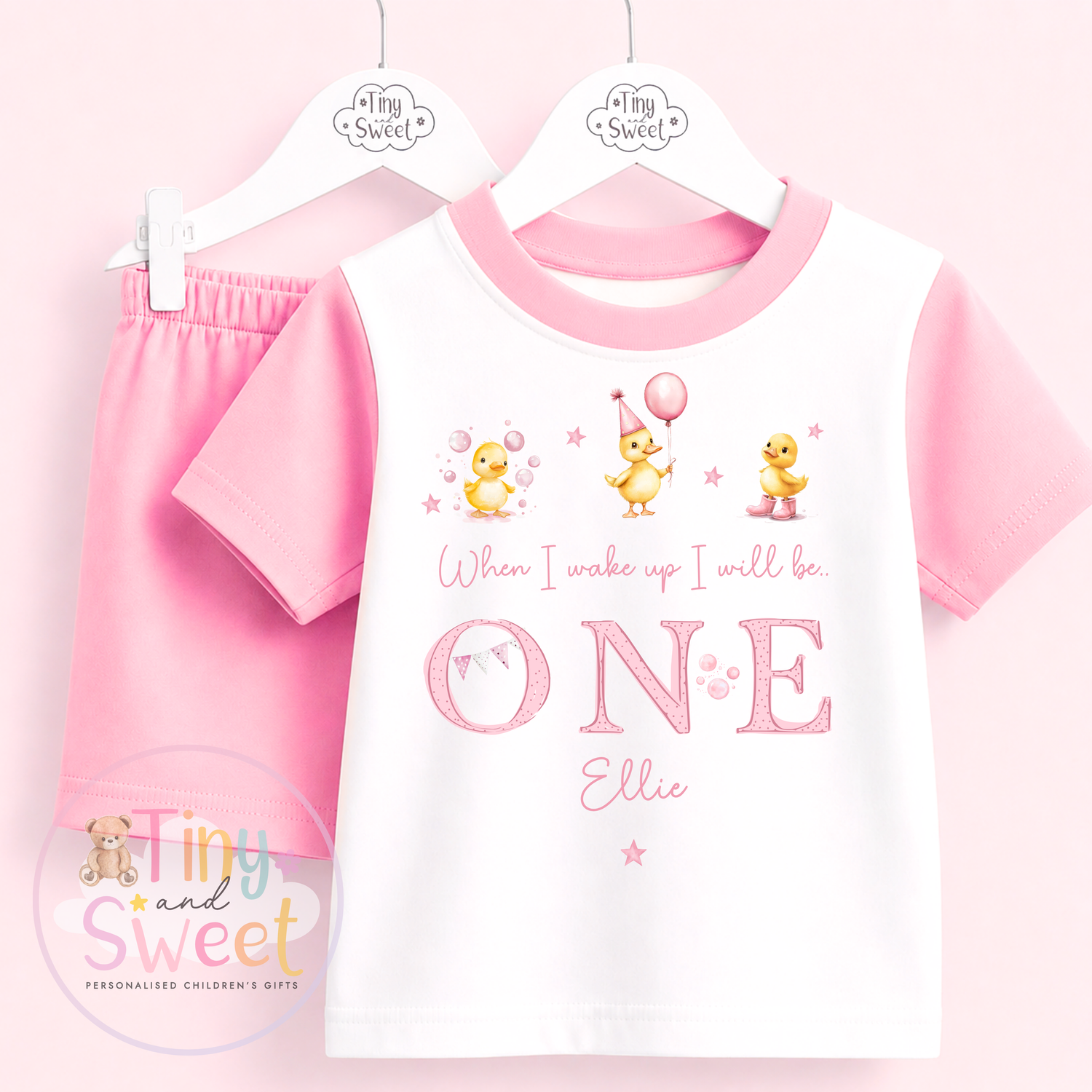 Pink Ducky Personalised Short &amp; T Shirt Pyjama Set (Any Age)