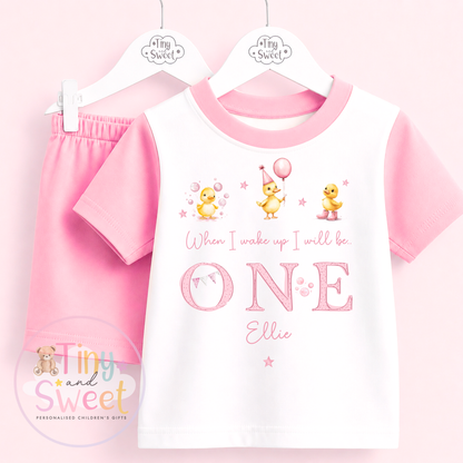 Pink Ducky Personalised Short &amp; T Shirt Pyjama Set (Any Age)