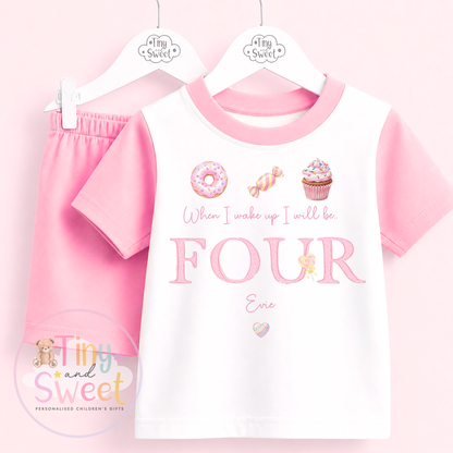 Pink Sweeties Personalised Short &amp; T Shirt Pyjama Set (Any Age)