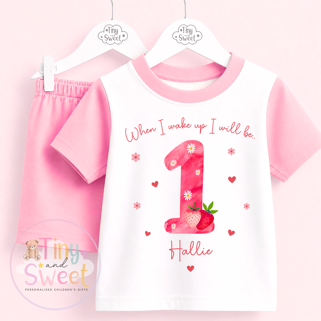 Pink Strawberry Personalised Short &amp; T Shirt Pyjama Set (Any Age)
