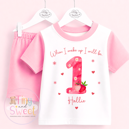 Pink Strawberry Personalised Short &amp; T Shirt Pyjama Set (Any Age)
