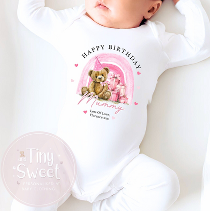 1st Birthday As My Mummy Teddy Bear Rainbow Personalised Sleepsuit/Babygrow