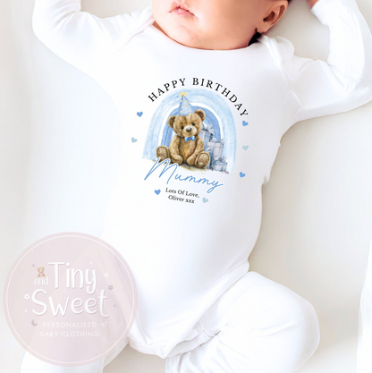 1st Birthday As My Mummy Teddy Bear Rainbow Personalised Sleepsuit/Babygrow