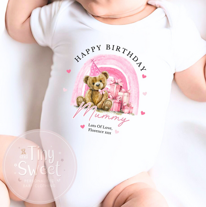 1st Birthday As My Mummy Teddy Bear Rainbow Personalised Sleepsuit/Babygrow