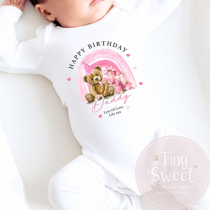 1st Birthday As My Daddy Teddy Bear Rainbow Personalised Sleepsuit/Babygrow