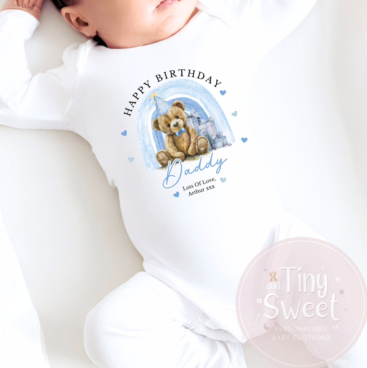 1st Birthday As My Daddy Teddy Bear Rainbow Personalised Sleepsuit/Babygrow