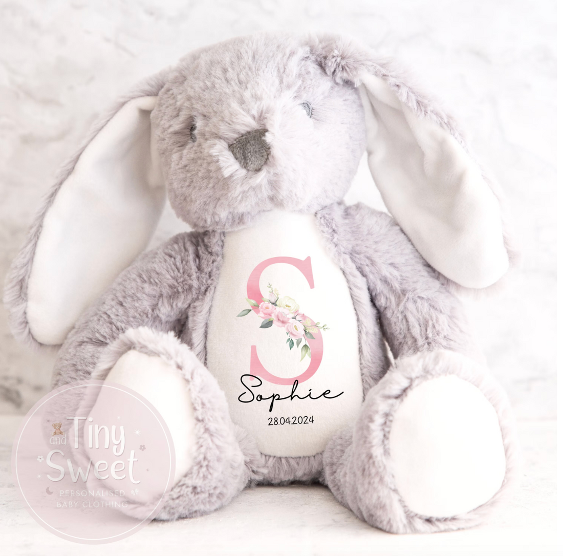 Personalised Pink Floral Initial Bunny Soft Toy