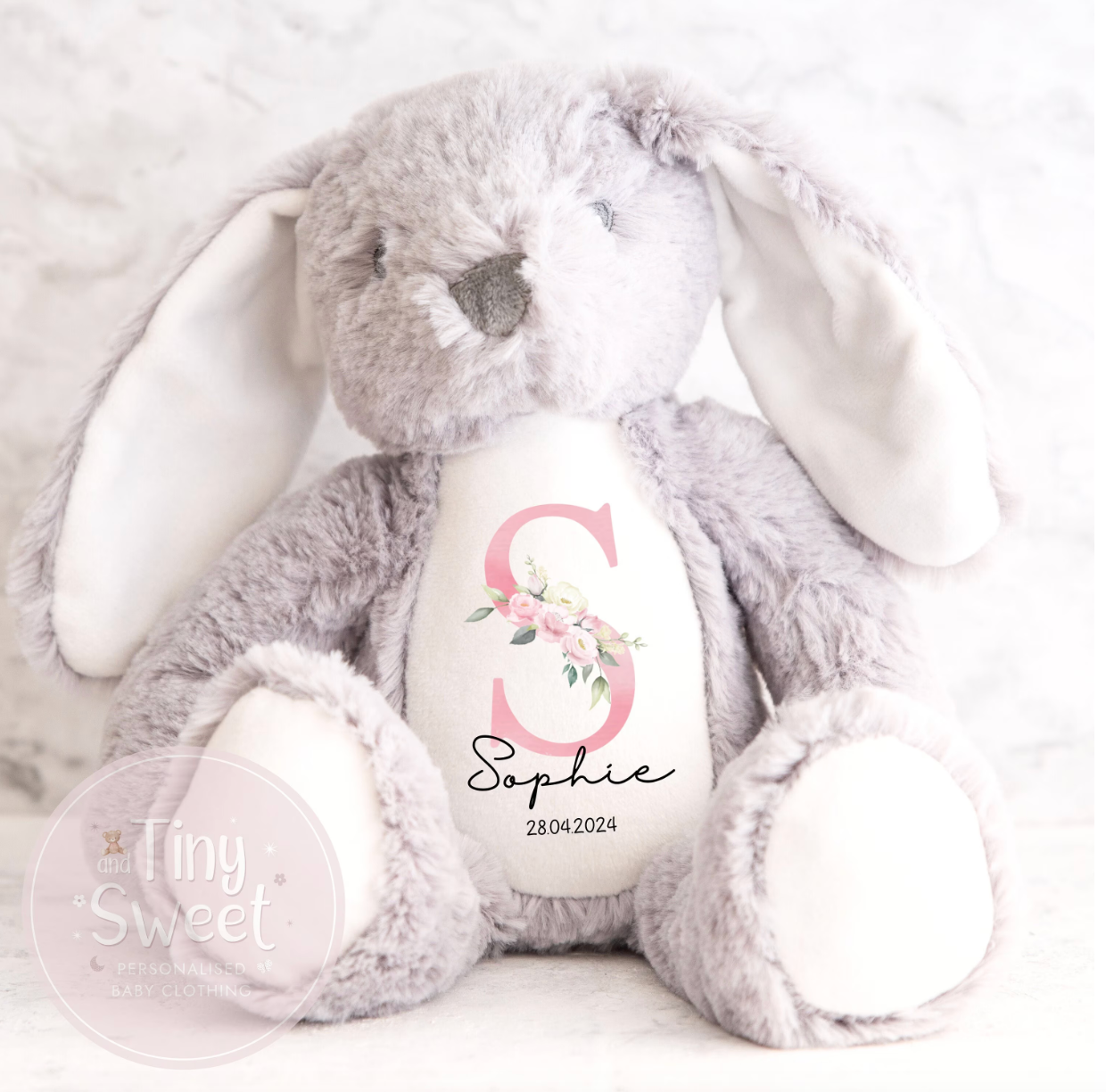Personalised Pink Floral Initial Bunny Soft Toy