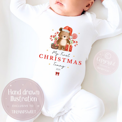 Personalised Candy Teddy Bear  First Christmas Sleepsuit