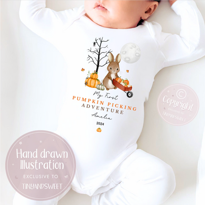 Bunny Pumpkin Picking Halloween Personalised Sleepsuit