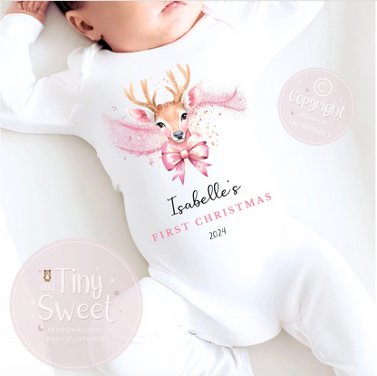 Personalised Pink Reindeer Christmas Sleepsuit